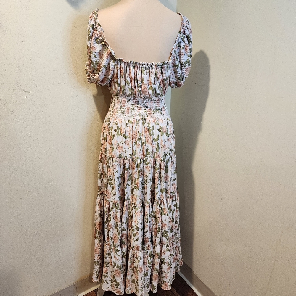 O.P.T Smocked Floral Maxi Dress in Blush & Leaf Green Sz S - Picture 5 of 13